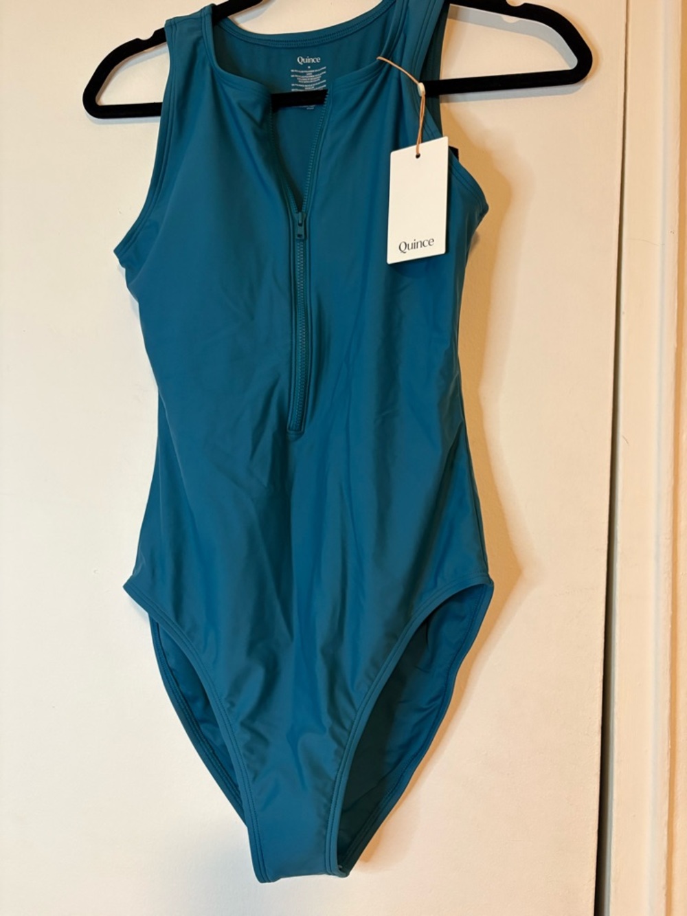 Quince Italian Zip-Front One-Piece Swimsuit in Lagoon Teal Blue - Picture 2 of 4